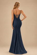 Rutipo Dark Navy Mermaid V-neck Spaghetti Straps Sweep Train Prom Dress With Slit Appliqued