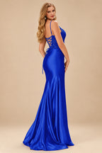 Rutipo Royal Blue Mermaid V-neck Spaghetti Straps Sweep Train Prom Dress With Slit Appliqued