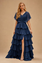 Rutipo Dark Navy A-line Square Neckline Strapless Floor-Length Taffeta Prom Dress with Ruffles Slit
