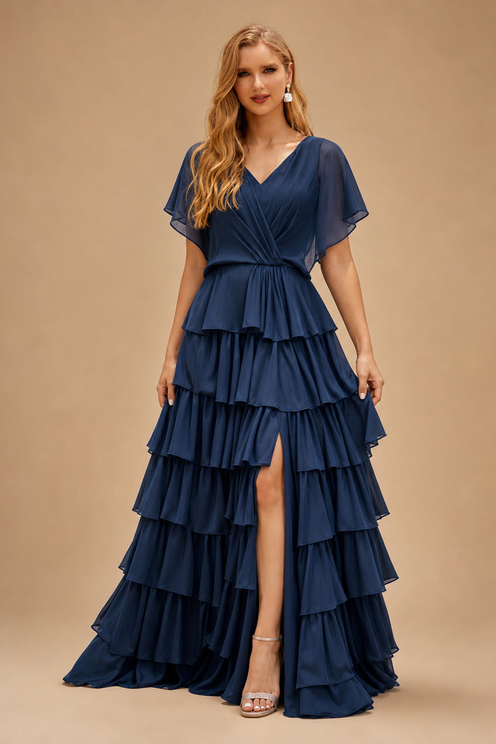 Rutipo Dark Navy A-line Square Neckline Strapless Floor-Length Taffeta Prom Dress with Ruffles Slit