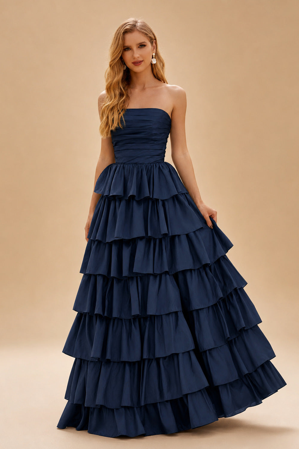Rutipo Dark Navy A-line Square Neckline Strapless Floor-Length Taffeta Prom Dress with Ruffles Slit