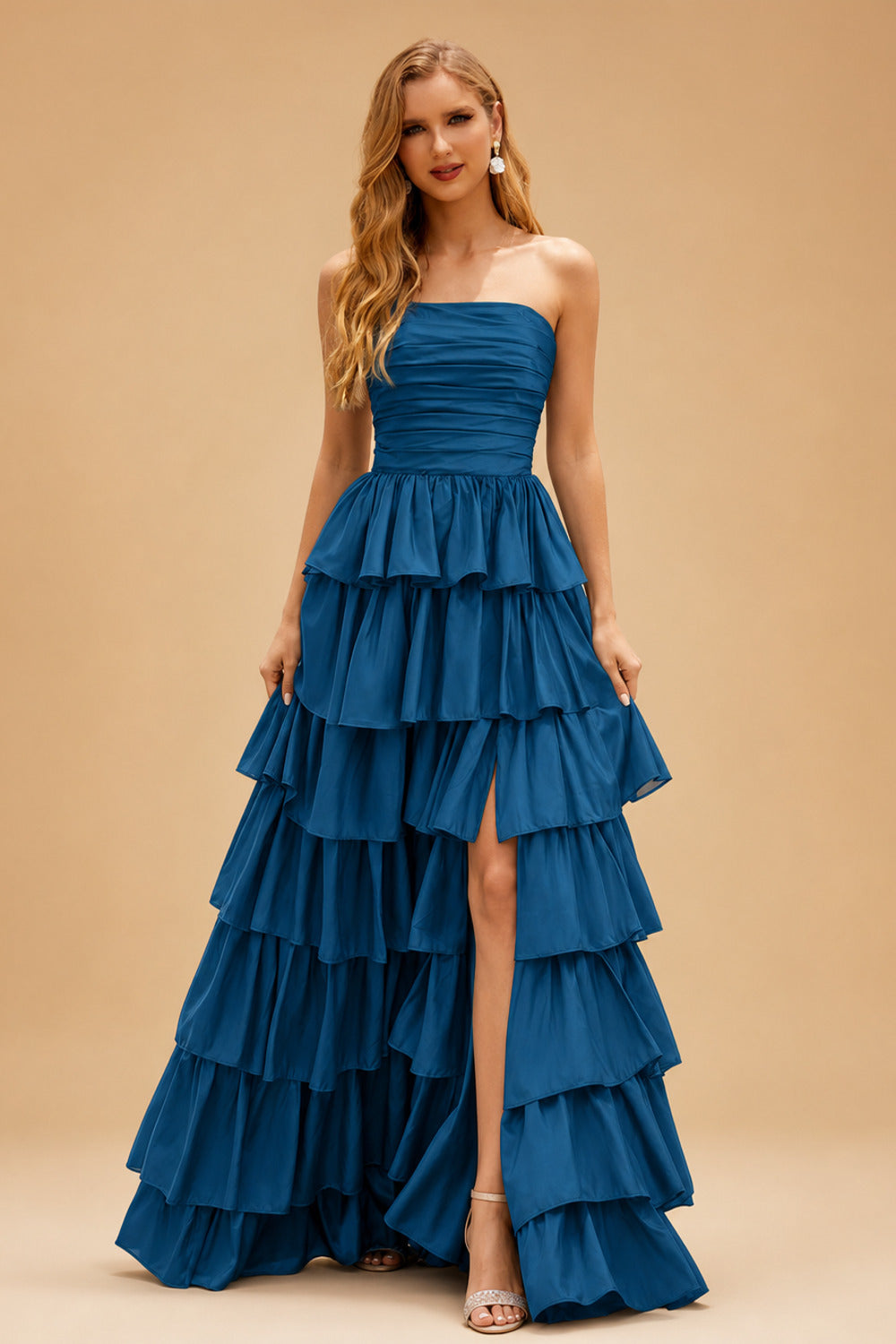 Rutipo Ink Blue A-line Square Neckline Strapless Floor-Length Taffeta Prom Dress with Ruffles Slit