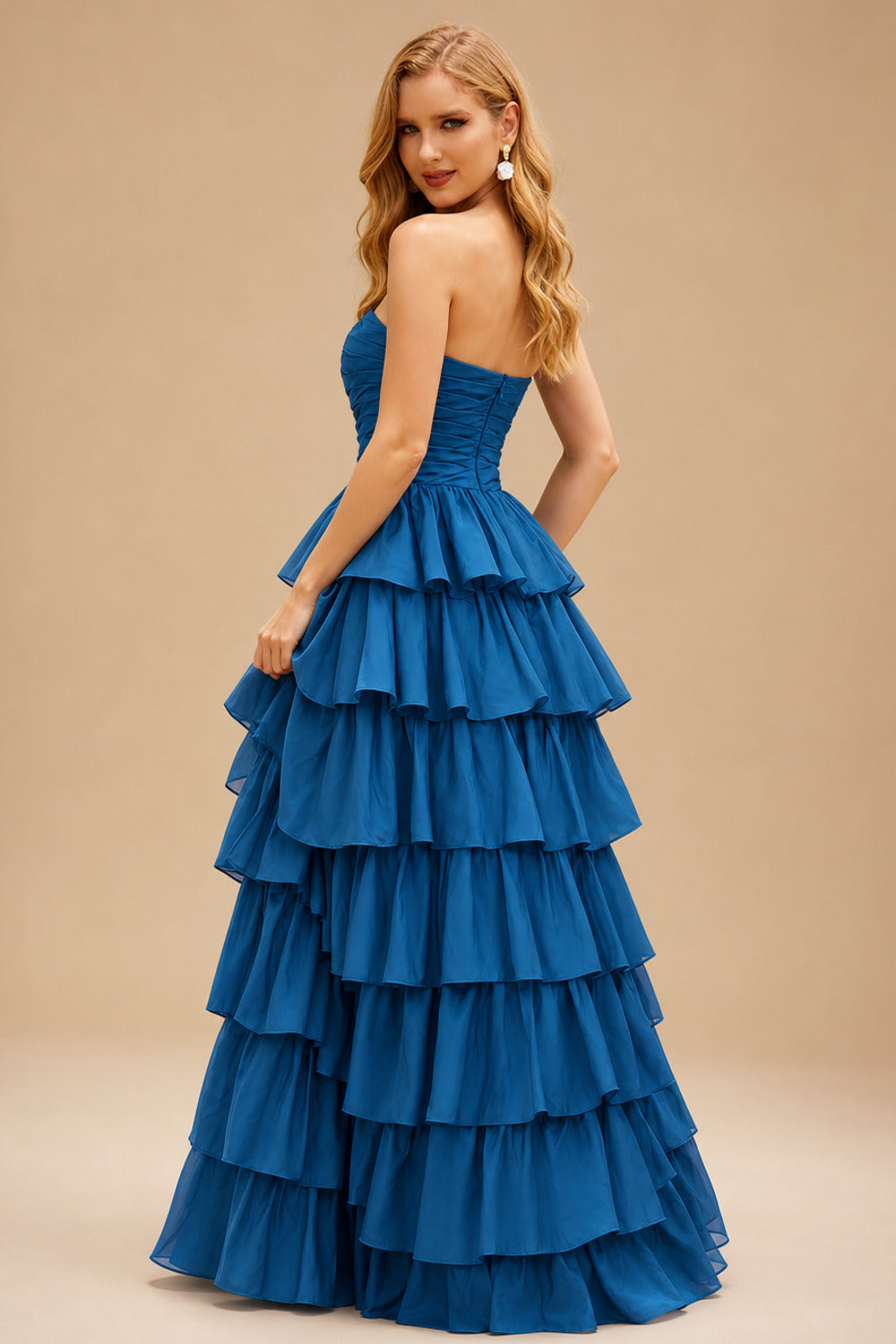 Rutipo Ink Blue A-line Square Neckline Strapless Floor-Length Taffeta Prom Dress with Ruffles Slit