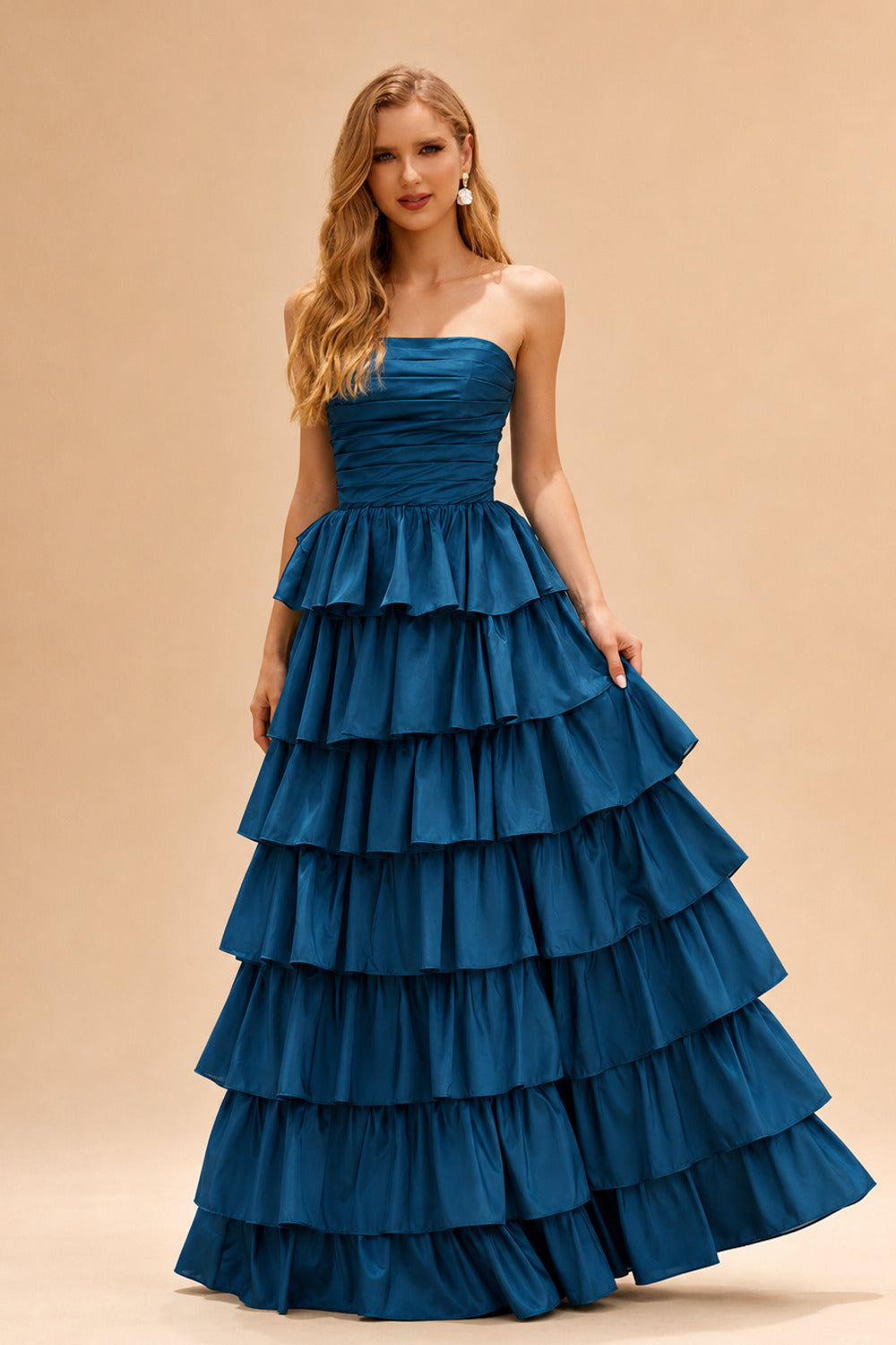 Rutipo Ink Blue A-line Square Neckline Strapless Floor-Length Taffeta Prom Dress with Ruffles Slit