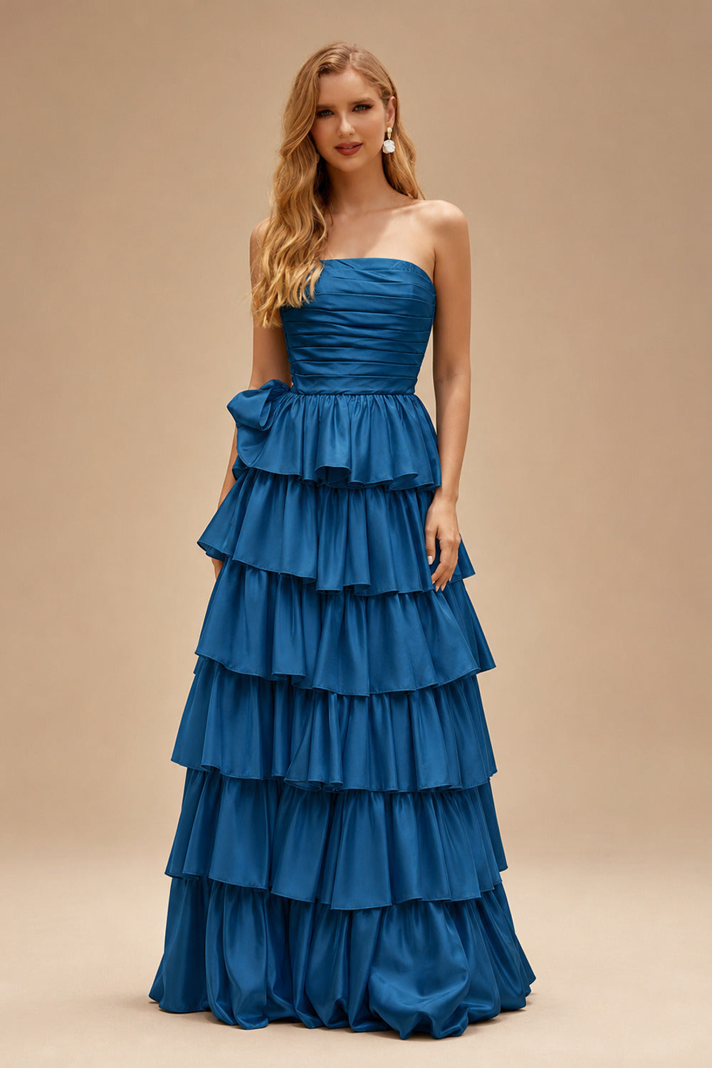 Rutipo Ink Blue A-line Square Neckline Strapless Floor-Length Taffeta Prom Dress with Ruffles Slit