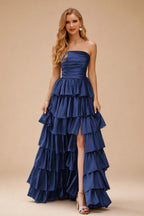 Rutipo Navy Blue A-line Square Neckline Strapless Floor-Length Taffeta Prom Dress with Ruffles Slit