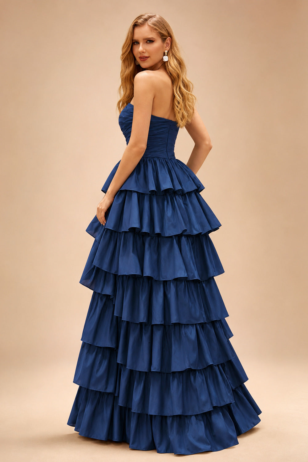 Rutipo Navy Blue A-line Square Neckline Strapless Floor-Length Taffeta Prom Dress with Ruffles Slit