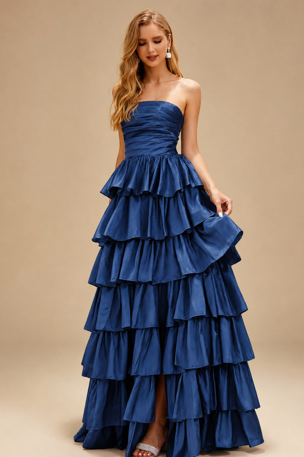 Rutipo Navy Blue A-line Square Neckline Strapless Floor-Length Taffeta Prom Dress with Ruffles Slit