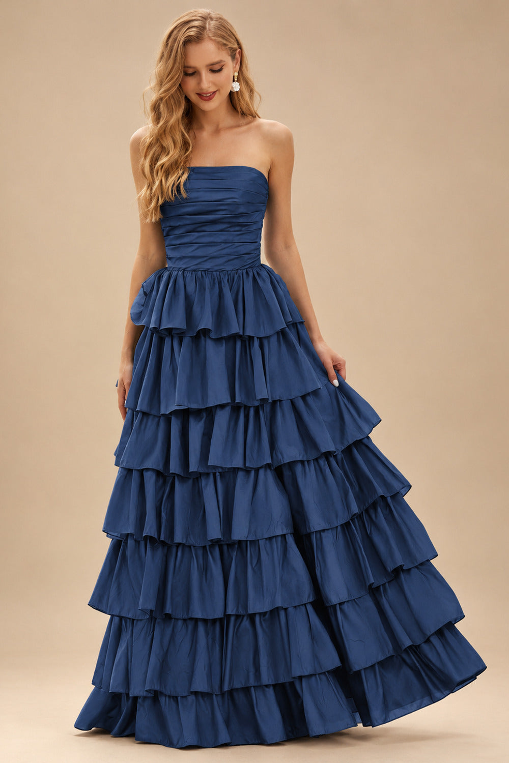 Rutipo Navy Blue A-line Square Neckline Strapless Floor-Length Taffeta Prom Dress with Ruffles Slit