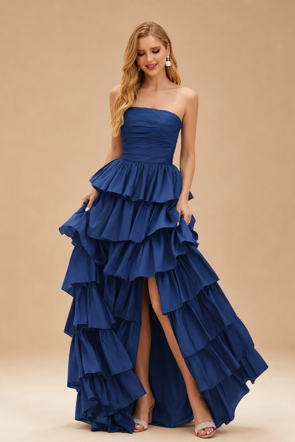 Rutipo Navy Blue A-line Square Neckline Strapless Floor-Length Taffeta Prom Dress with Ruffles Slit