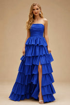 Rutipo Royal Blue A-line Square Neckline Strapless Floor-Length Taffeta Prom Dress with Ruffles Slit