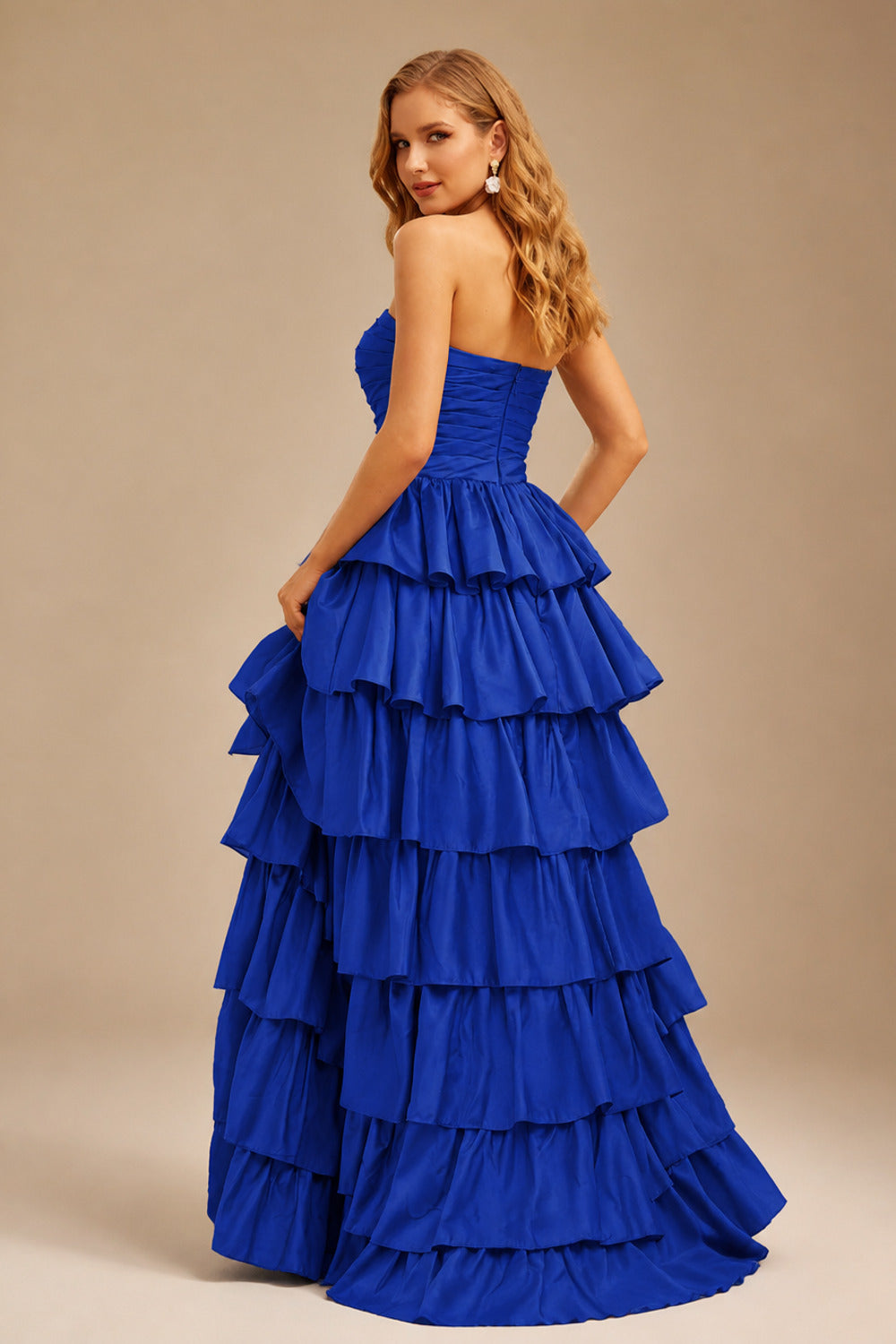 Rutipo Royal Blue A-line Square Neckline Strapless Floor-Length Taffeta Prom Dress with Ruffles Slit