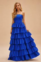 Rutipo Royal Blue A-line Square Neckline Strapless Floor-Length Taffeta Prom Dress with Ruffles Slit