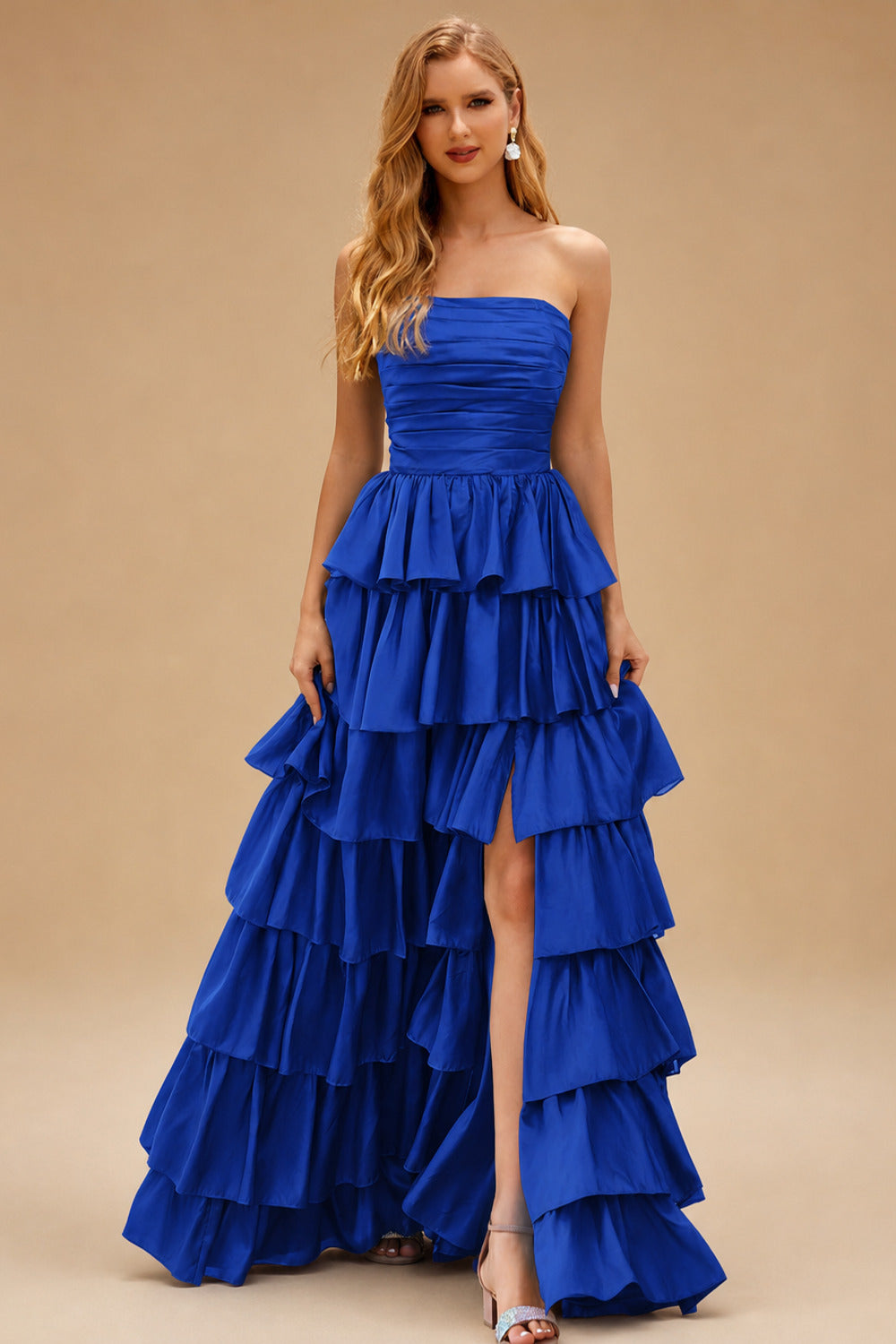 Rutipo Royal Blue A-line Square Neckline Strapless Floor-Length Taffeta Prom Dress with Ruffles Slit