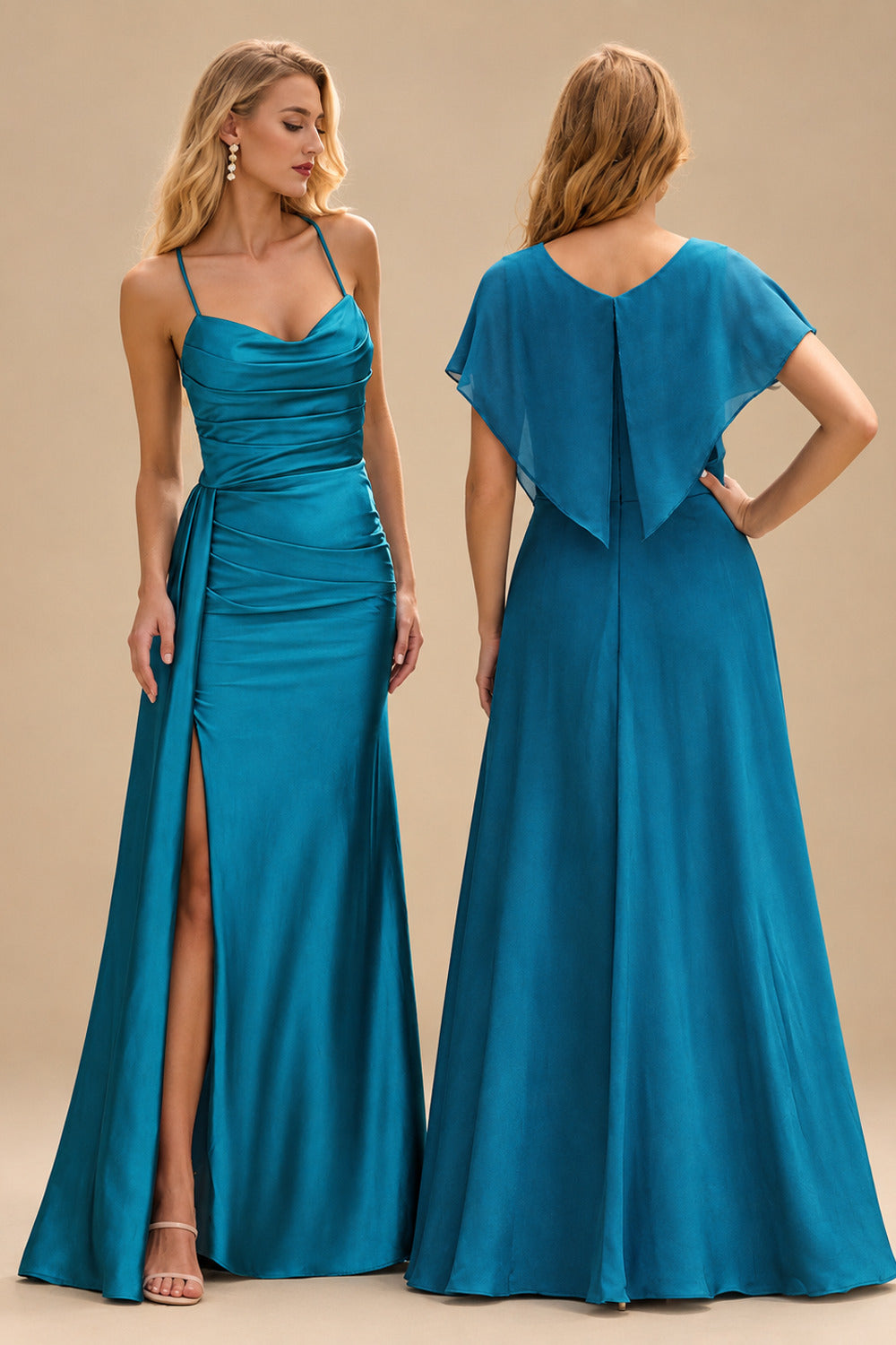 Rutipo Ink Blue Shiny Satin Fitted Cowl Neck Sweep Train Slit Prom Dress with Side Drape