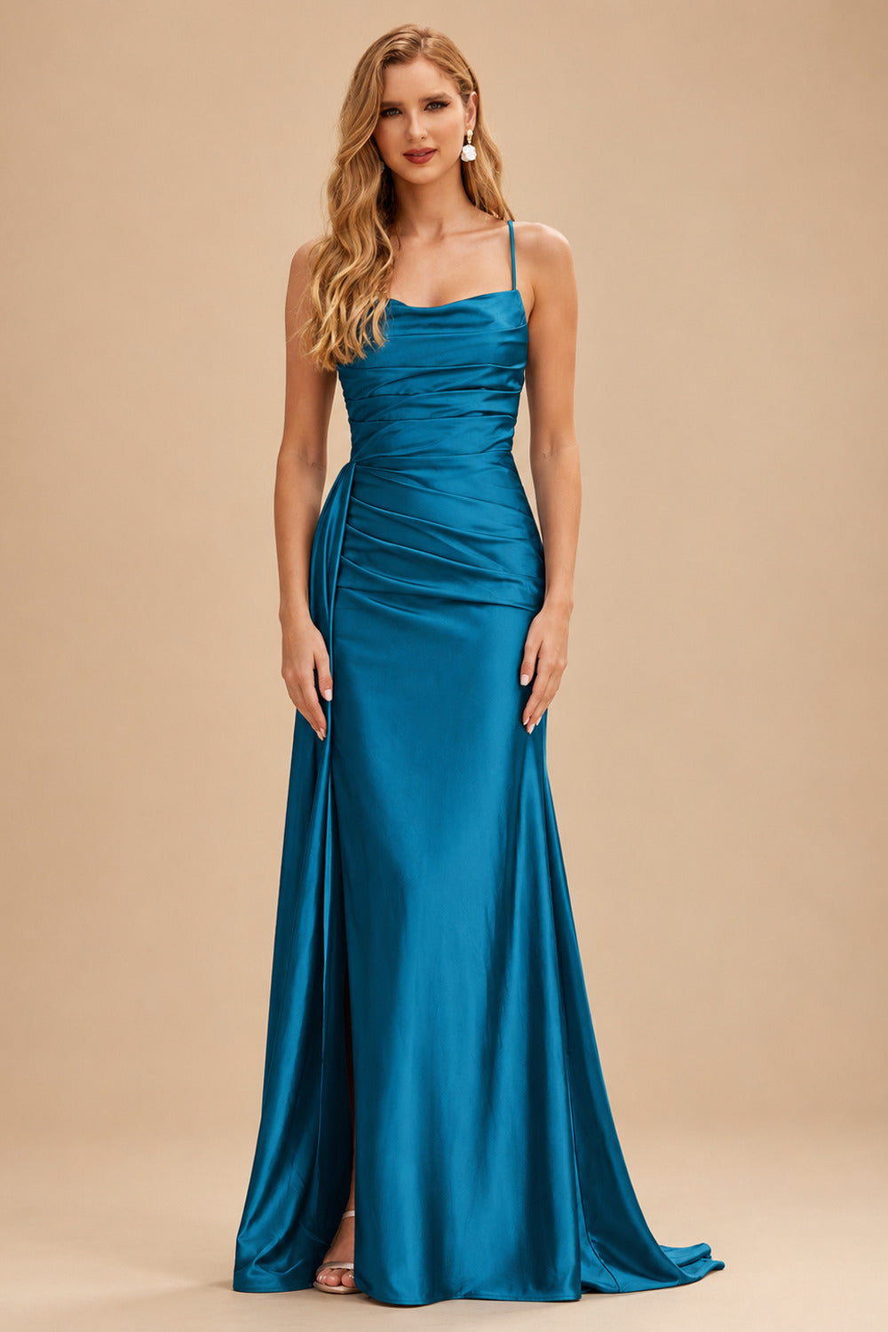 Rutipo Ink Blue Shiny Satin Fitted Cowl Neck Sweep Train Slit Prom Dress with Side Drape