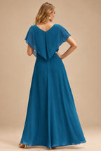 Rutipo Ink Blue Shiny Satin Fitted Cowl Neck Sweep Train Slit Prom Dress with Side Drape