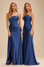 Rutipo Navy Blue Shiny Satin Fitted Cowl Neck Sweep Train Slit Prom Dress with Side Drape