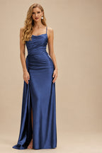 Rutipo Navy Blue Shiny Satin Fitted Cowl Neck Sweep Train Slit Prom Dress with Side Drape