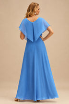 Rutipo Ocean Blue Shiny Satin Fitted Cowl Neck Sweep Train Slit Prom Dress with Side Drape