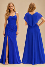 Rutipo Royal Blue Shiny Satin Fitted Cowl Neck Sweep Train Slit Prom Dress with Side Drape