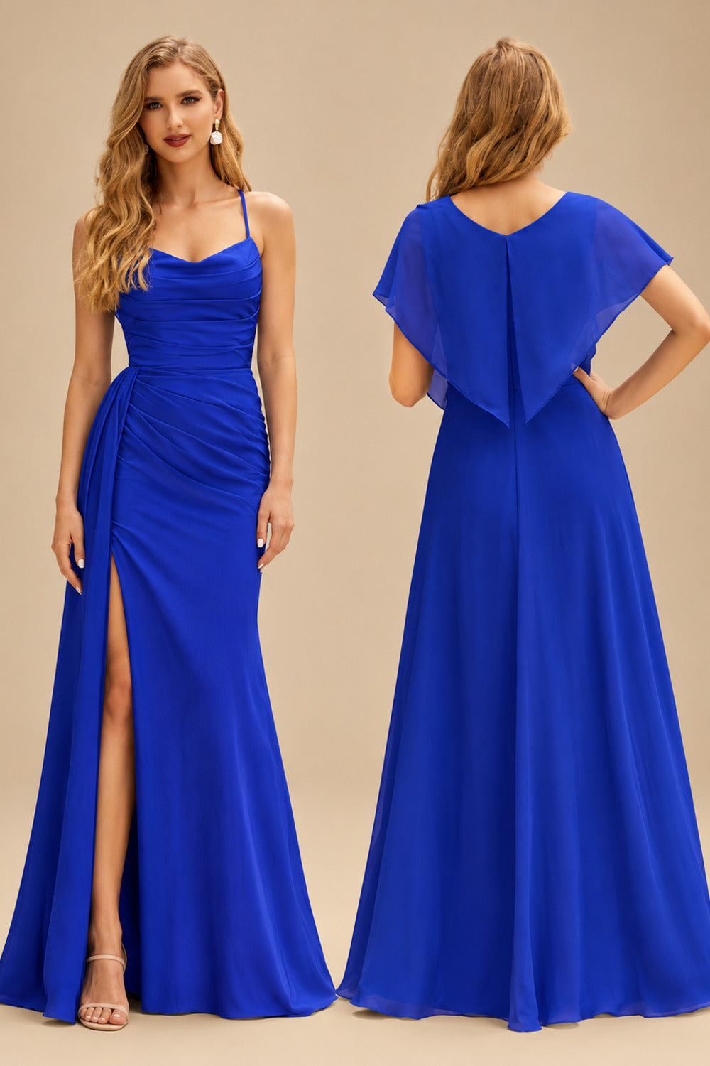 Rutipo Royal Blue Shiny Satin Fitted Cowl Neck Sweep Train Slit Prom Dress with Side Drape