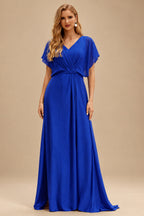 Rutipo Royal Blue Shiny Satin Fitted Cowl Neck Sweep Train Slit Prom Dress with Side Drape