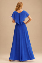 Rutipo Royal Blue Shiny Satin Fitted Cowl Neck Sweep Train Slit Prom Dress with Side Drape