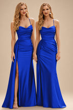 Rutipo Royal Blue Shiny Satin Fitted Cowl Neck Sweep Train Slit Prom Dress with Side Drape