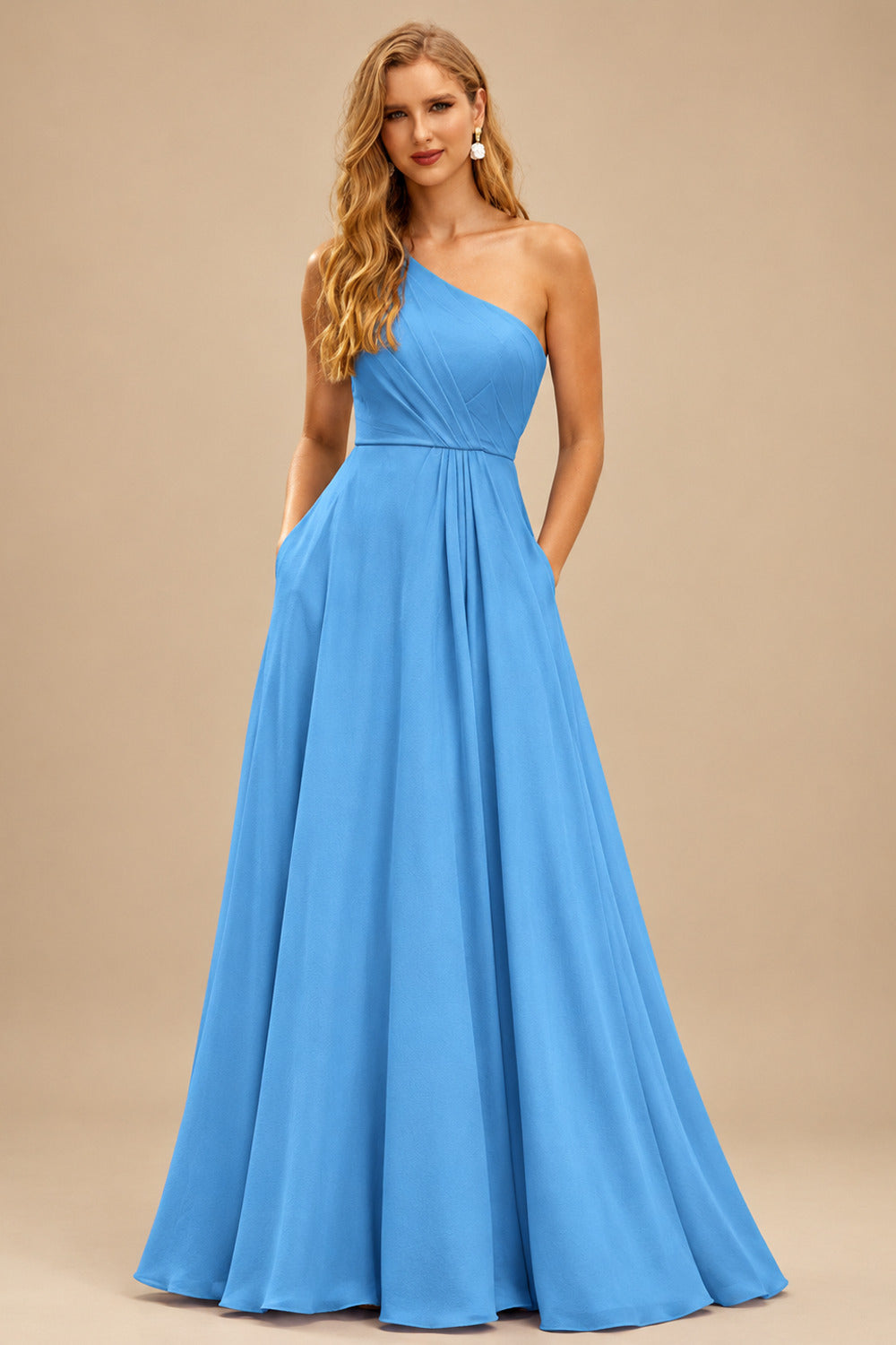 Rutipo Blue A-line One-Shoulder Velvet Sequins Floor-Length Prom Dress with Pockets