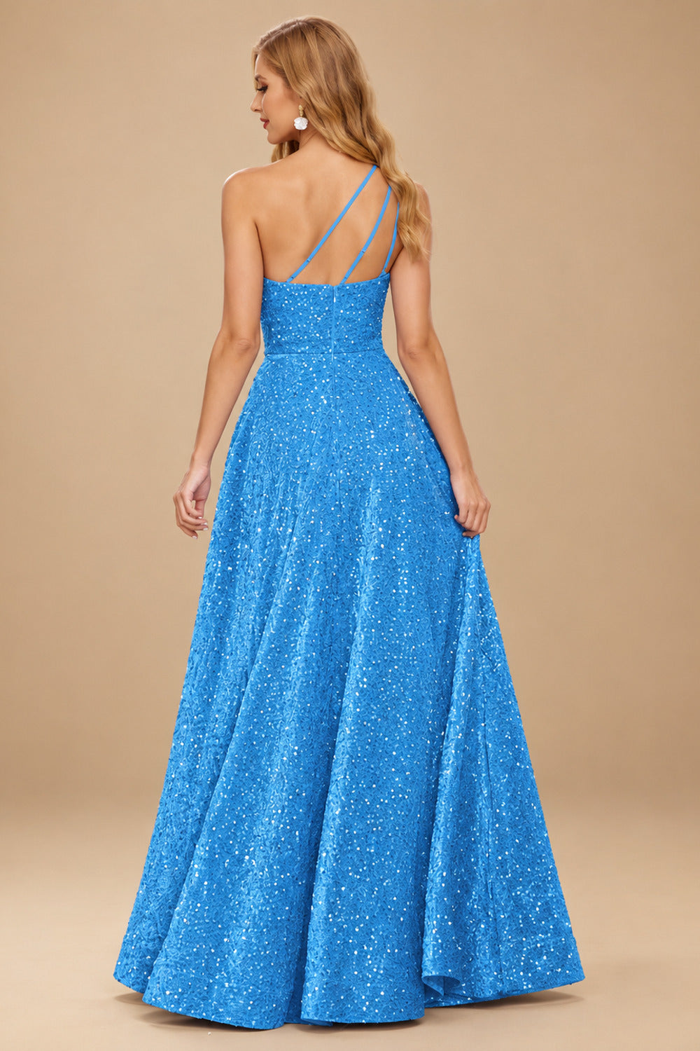 Rutipo Blue A-line One-Shoulder Velvet Sequins Floor-Length Prom Dress with Pockets