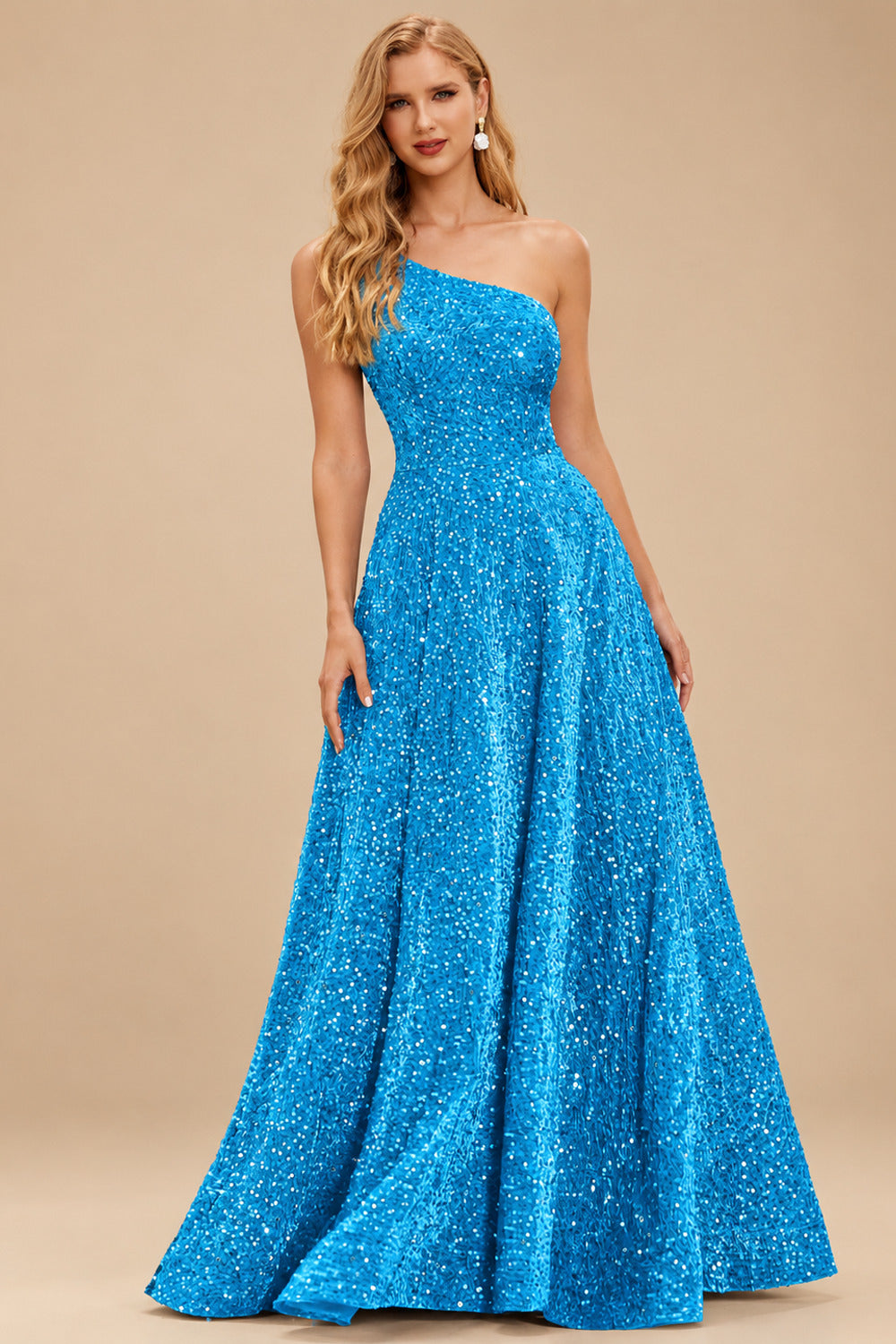 Rutipo Blue A-line One-Shoulder Velvet Sequins Floor-Length Prom Dress with Pockets