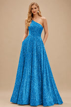 Rutipo Blue A-line One-Shoulder Velvet Sequins Floor-Length Prom Dress with Pockets