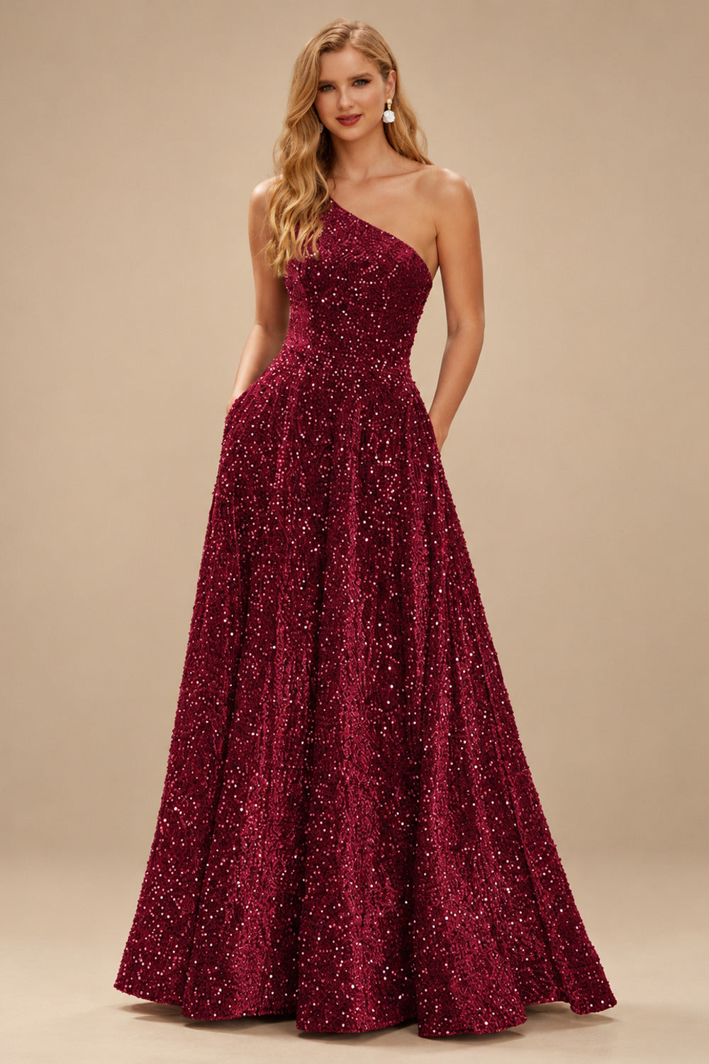 Rutipo Burgundy A-line One-Shoulder Velvet Sequins Floor-Length Prom Dress with Pockets
