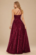 Rutipo Burgundy A-line One-Shoulder Velvet Sequins Floor-Length Prom Dress with Pockets