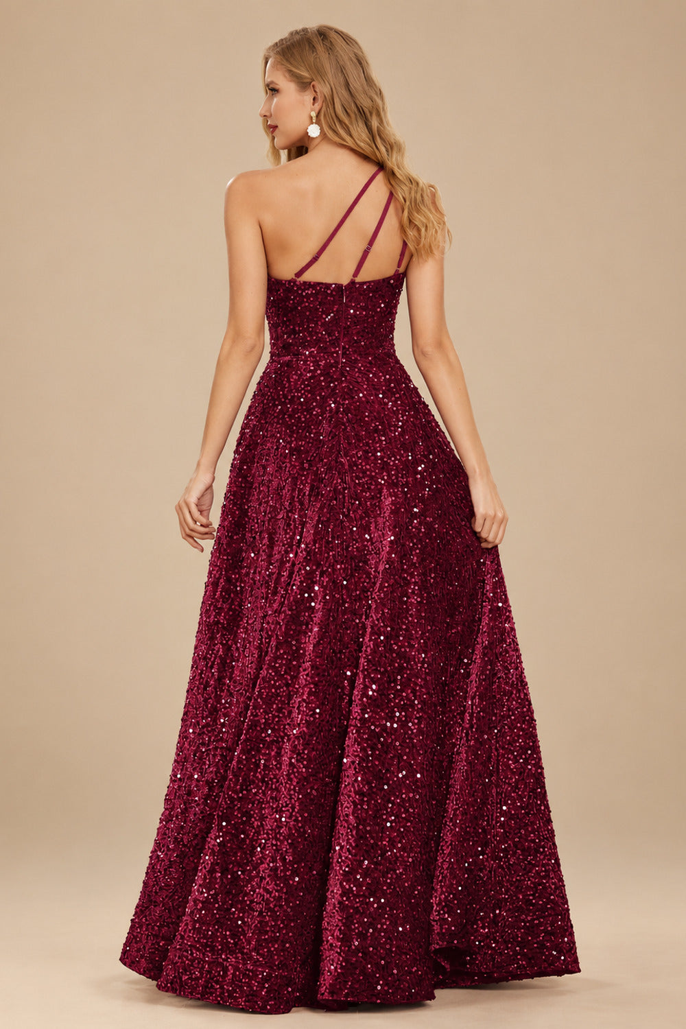Rutipo Burgundy A-line One-Shoulder Velvet Sequins Floor-Length Prom Dress with Pockets