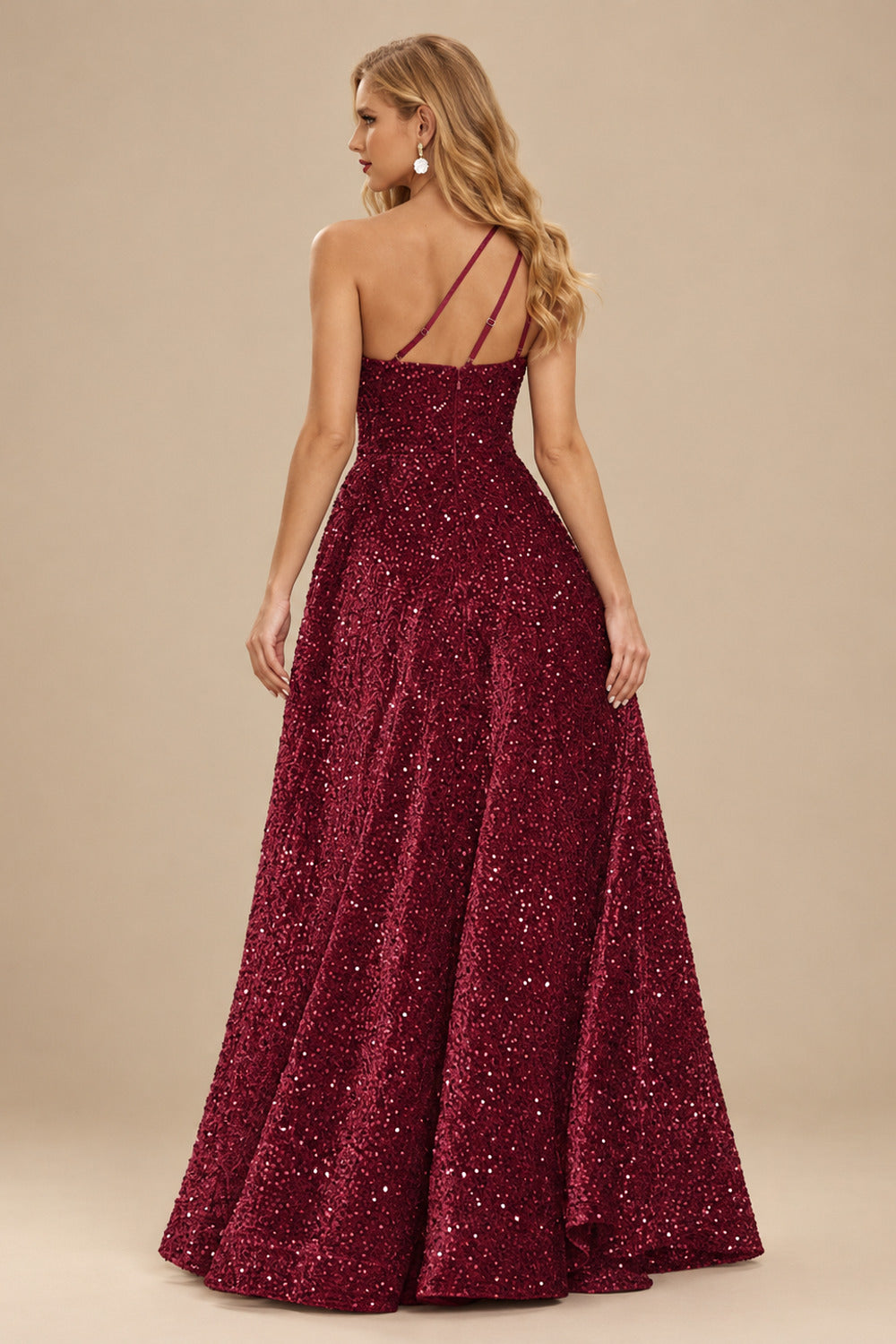 Rutipo Burgundy A-line One-Shoulder Velvet Sequins Floor-Length Prom Dress with Pockets