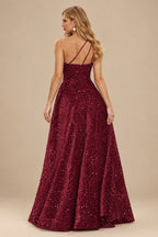 Rutipo Burgundy A-line One-Shoulder Velvet Sequins Floor-Length Prom Dress with Pockets