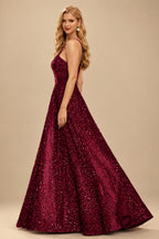 Rutipo Burgundy A-line One-Shoulder Velvet Sequins Floor-Length Prom Dress with Pockets