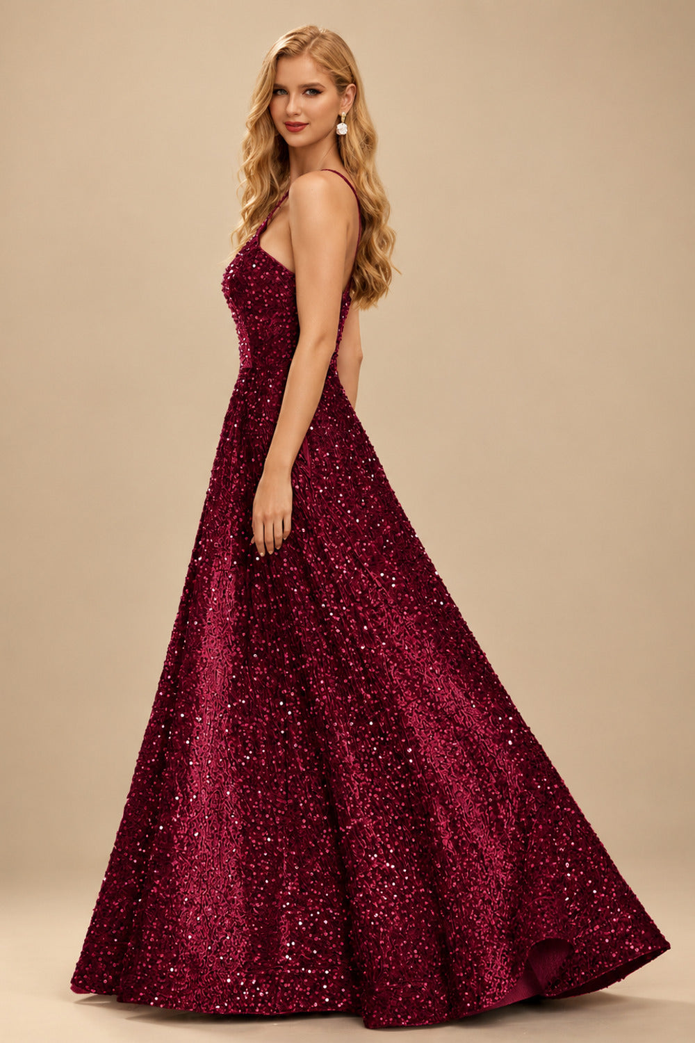 Rutipo Burgundy A-line One-Shoulder Velvet Sequins Floor-Length Prom Dress with Pockets