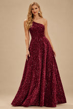 Rutipo Burgundy A-line One-Shoulder Velvet Sequins Floor-Length Prom Dress with Pockets