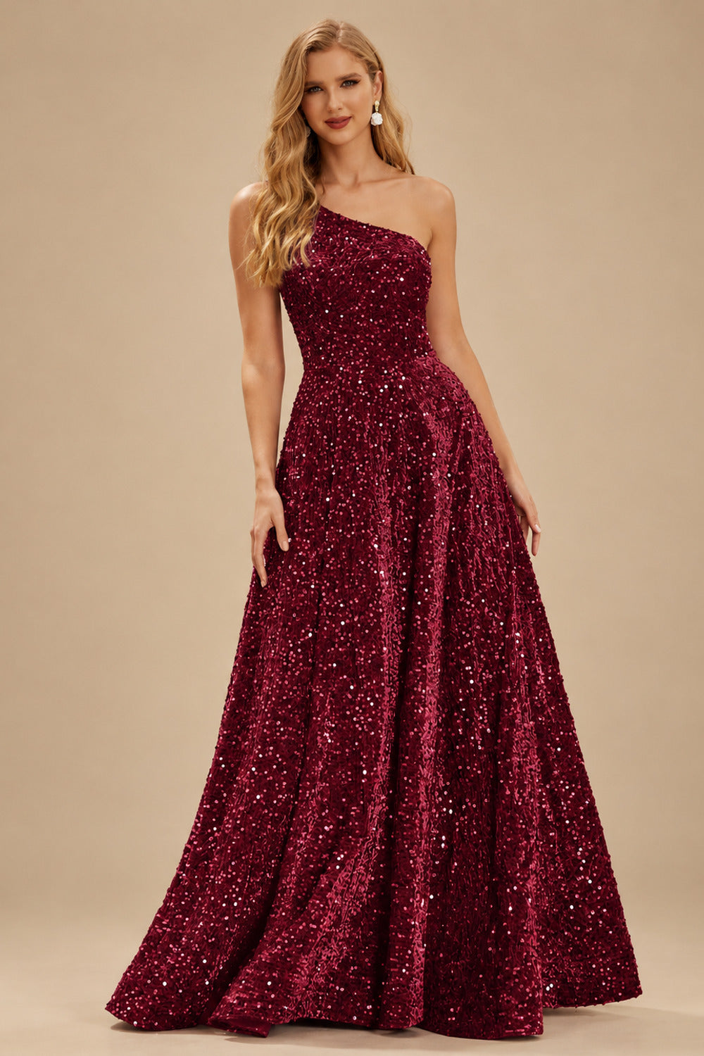 Rutipo Burgundy A-line One-Shoulder Velvet Sequins Floor-Length Prom Dress with Pockets