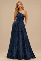Rutipo Dark Navy A-line One-Shoulder Velvet Sequins Floor-Length Prom Dress with Pockets