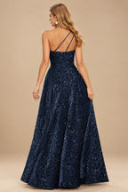 Rutipo Dark Navy A-line One-Shoulder Velvet Sequins Floor-Length Prom Dress with Pockets