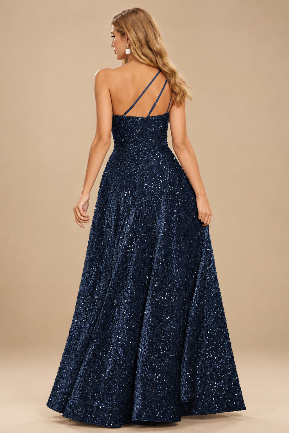 Rutipo Dark Navy A-line One-Shoulder Velvet Sequins Floor-Length Prom Dress with Pockets