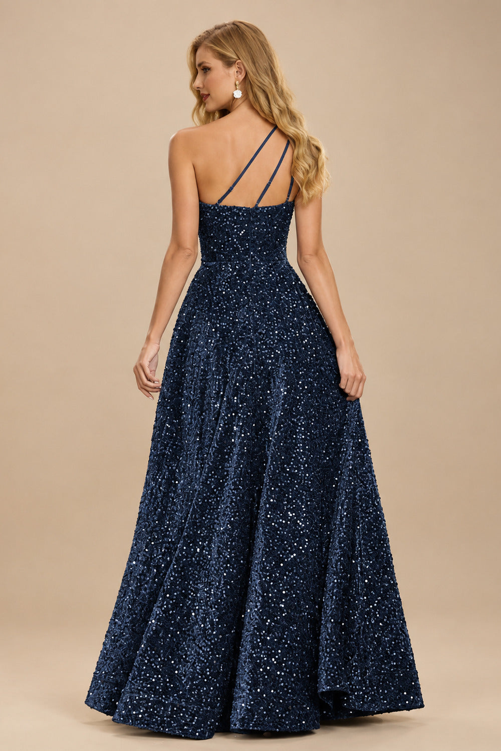 Rutipo Dark Navy A-line One-Shoulder Velvet Sequins Floor-Length Prom Dress with Pockets