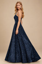 Rutipo Dark Navy A-line One-Shoulder Velvet Sequins Floor-Length Prom Dress with Pockets