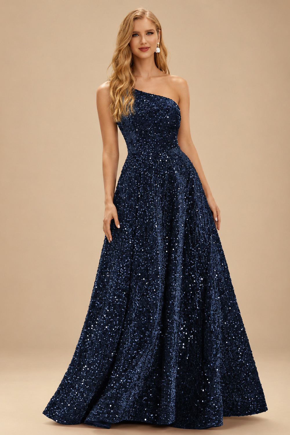 Rutipo Dark Navy A-line One-Shoulder Velvet Sequins Floor-Length Prom Dress with Pockets