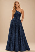 Rutipo Dark Navy A-line One-Shoulder Velvet Sequins Floor-Length Prom Dress with Pockets
