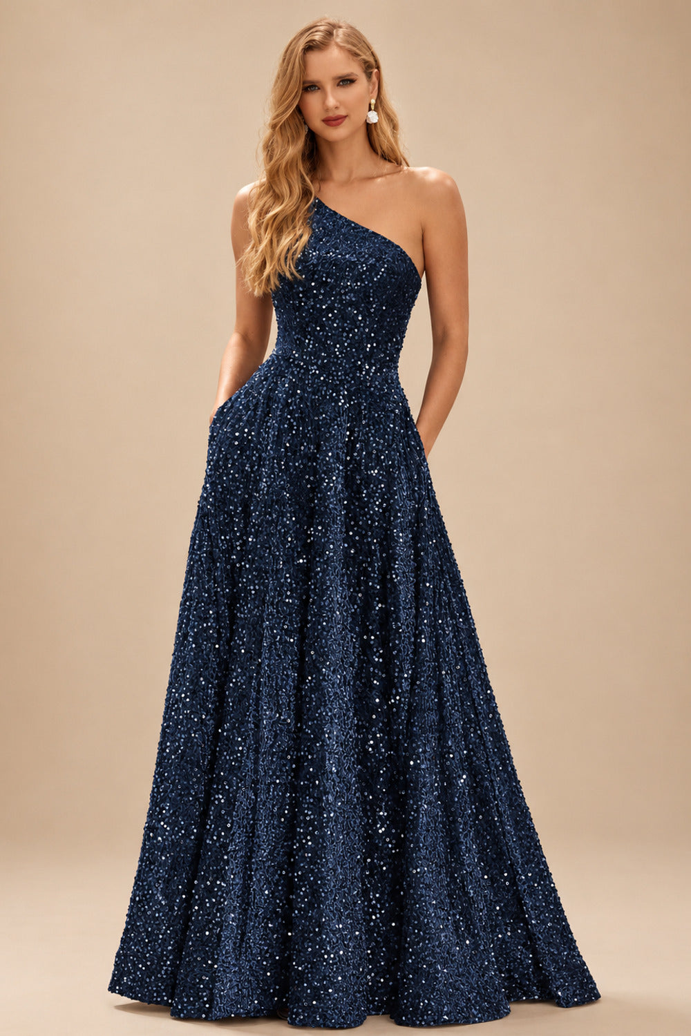 Rutipo Dark Navy A-line One-Shoulder Velvet Sequins Floor-Length Prom Dress with Pockets